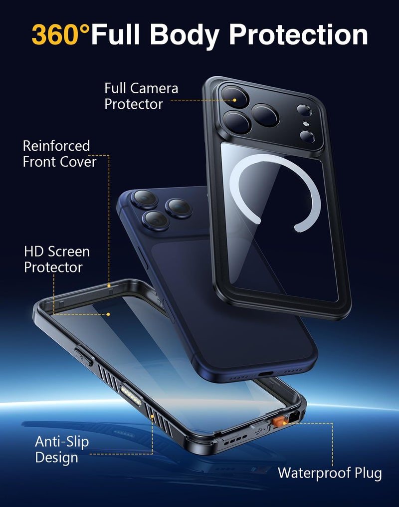Lanhiem Magnetic for iPhone 17 Pro Max Case Waterproof, Built in Screen Protector & Camera Protection, [Compatible with MagSafe] Full Body Dustproof Heavy Duty Rugged Phone Case 6.9'' (Black) - Image 5