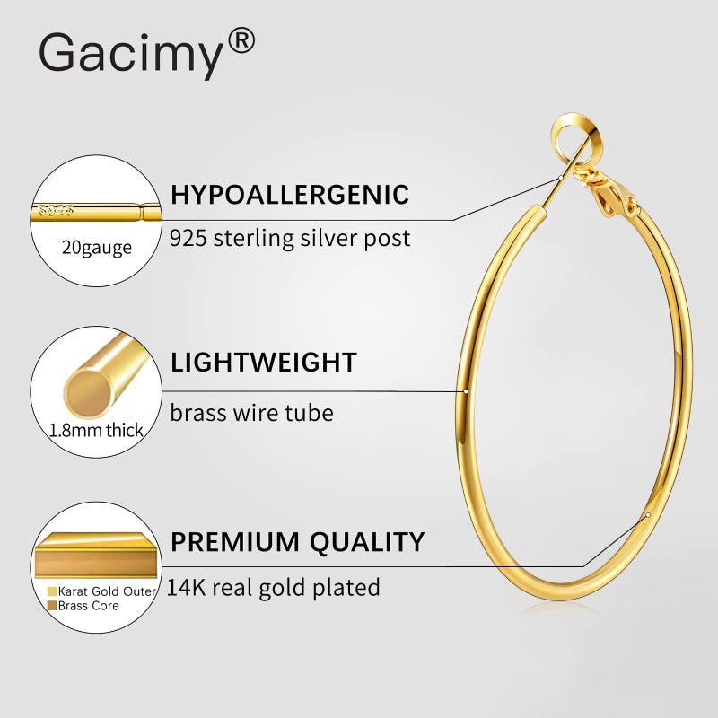 Gacimy Medium Hoop Earrings for Women 14K Gold Plated, 925 Sterling Silver Post Hoops for Women, 40mm Yellow Color Medium Earrings - Image 2