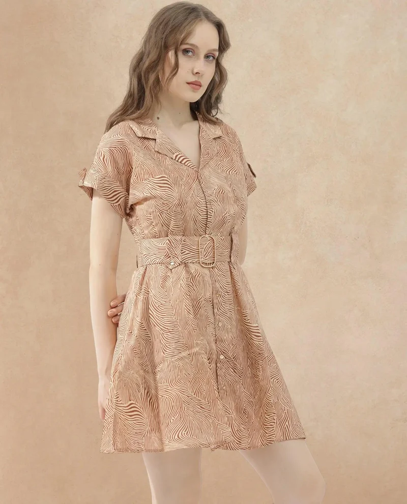 Rareism Rareism Women Gunther Light Beige Cotton Fabric Short Sleeves Button Closure Lapel Neck Extended Sleeve Regular Fit Geometric Print Mini A-Line Dress