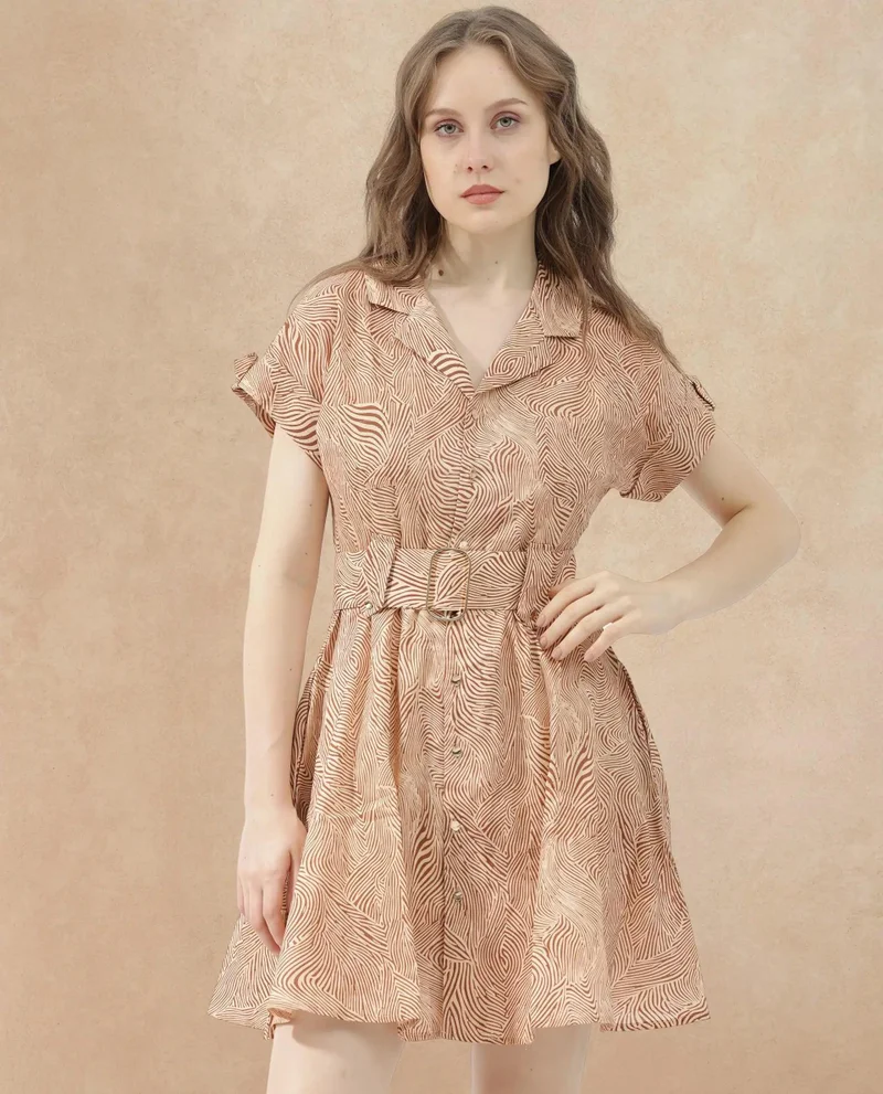 Rareism Rareism Women Gunther Light Beige Cotton Fabric Short Sleeves Button Closure Lapel Neck Extended Sleeve Regular Fit Geometric Print Mini A-Line Dress