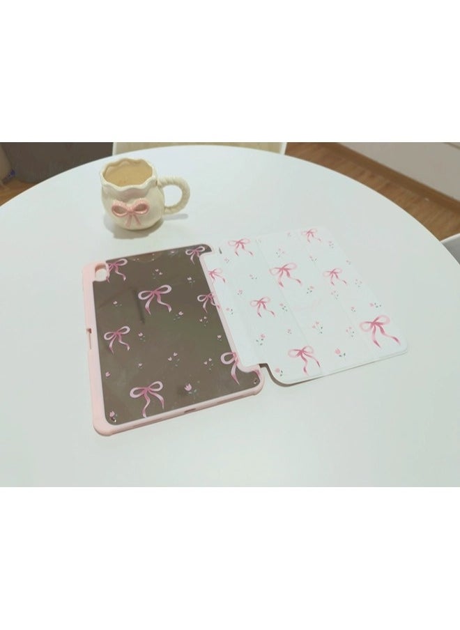 ShebSheb Adjustable Kickstand Mirror Leather Hard Folio Case for iPad 10th 10.9 Inch Cream White Color Pink Bow Ribbon Beautiful Floral Cute Chic Adorable Lovely Girls Kids  - Image 4