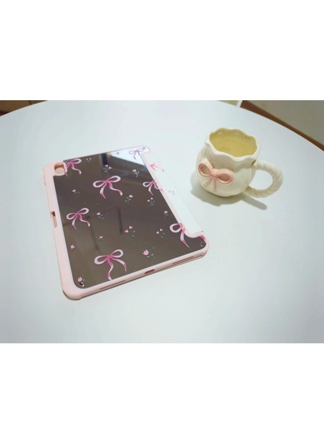 ShebSheb Adjustable Kickstand Mirror Leather Hard Folio Case for iPad 10th 10.9 Inch Cream White Color Pink Bow Ribbon Beautiful Floral Cute Chic Adorable Lovely Girls Kids  - Image 3