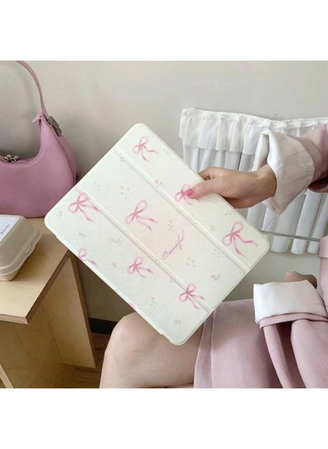 ShebSheb Adjustable Kickstand Mirror Leather Hard Folio Case for iPad 10th 10.9 Inch Cream White Color Pink Bow Ribbon Beautiful Floral Cute Chic Adorable Lovely Girls Kids  - Image 1