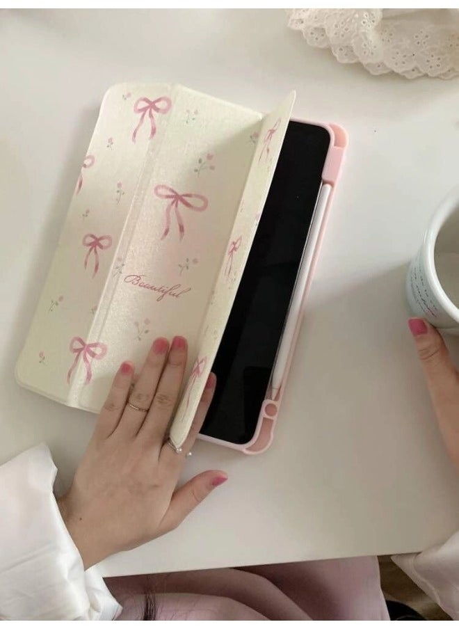 ShebSheb Adjustable Kickstand Mirror Leather Hard Folio Case for iPad 10th 10.9 Inch Cream White Color Pink Bow Ribbon Beautiful Floral Cute Chic Adorable Lovely Girls Kids  - Image 5