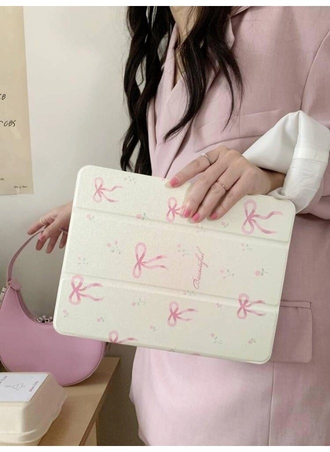 ShebSheb Adjustable Kickstand Mirror Leather Hard Folio Case for iPad 10th 10.9 Inch Cream White Color Pink Bow Ribbon Beautiful Floral Cute Chic Adorable Lovely Girls Kids  - Image 2