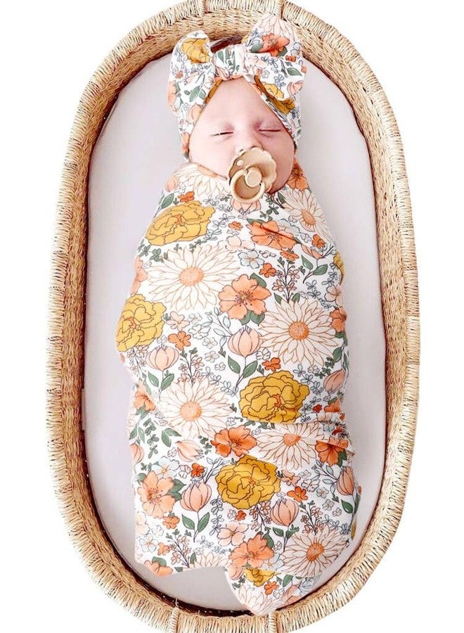 DRESHOW BQUBO Newborn Floral Receiving Blankets Newborn Baby Swaddling with Headband Set Warm Shower Gift - Image 1