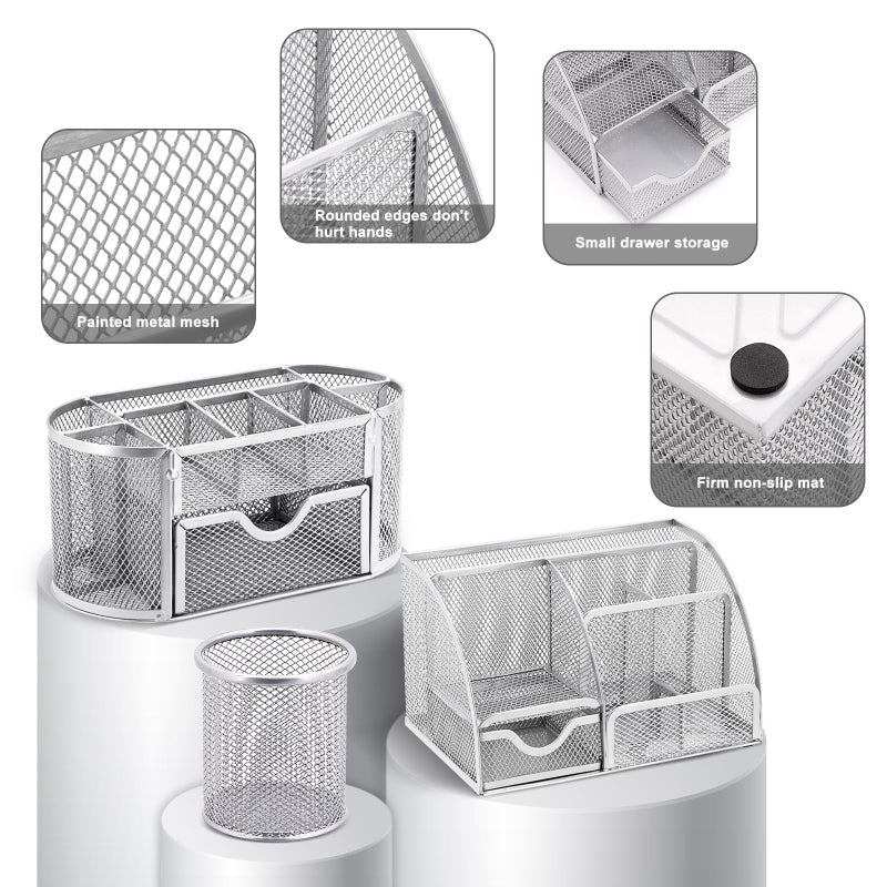 Froidesente 17 in1 Silvery Desk Organizers and Accessories Set, 3 Office Desk Supplies Storage Organization, 4 Pens, Stapler, Staples & Remover, Tape & Dispenser, Scissors, Ruler, Clips, Hole Punch Back to School - Image 3
