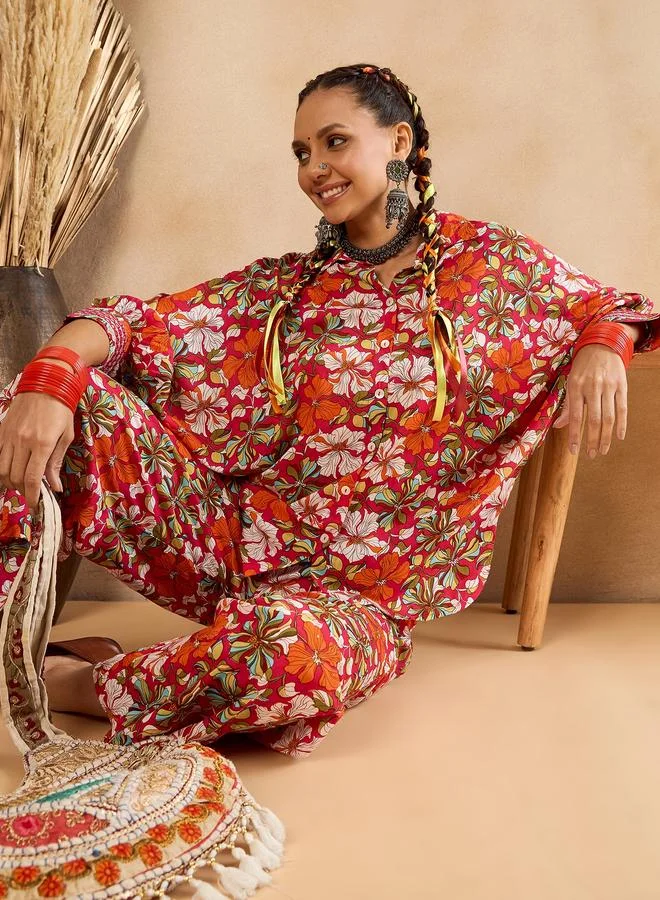 Winered Red Floral Print Rayon Tunic and Pants Co-ord Set