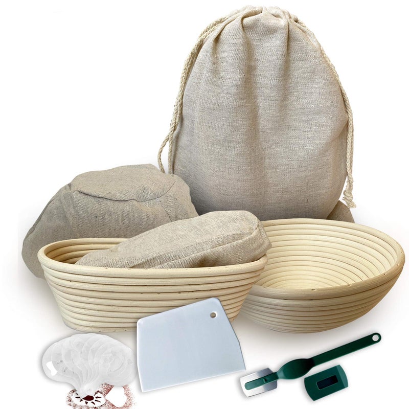 RoEsha RoEsha Banneton Bread Proofing Basket 23 Piece Set Round 9 and Oval 10 Inch Rattan Sourdough Baskets Dough Scraper Scoring Lame Linen Bread Bag Bread Basket Liner Bread Stencils 