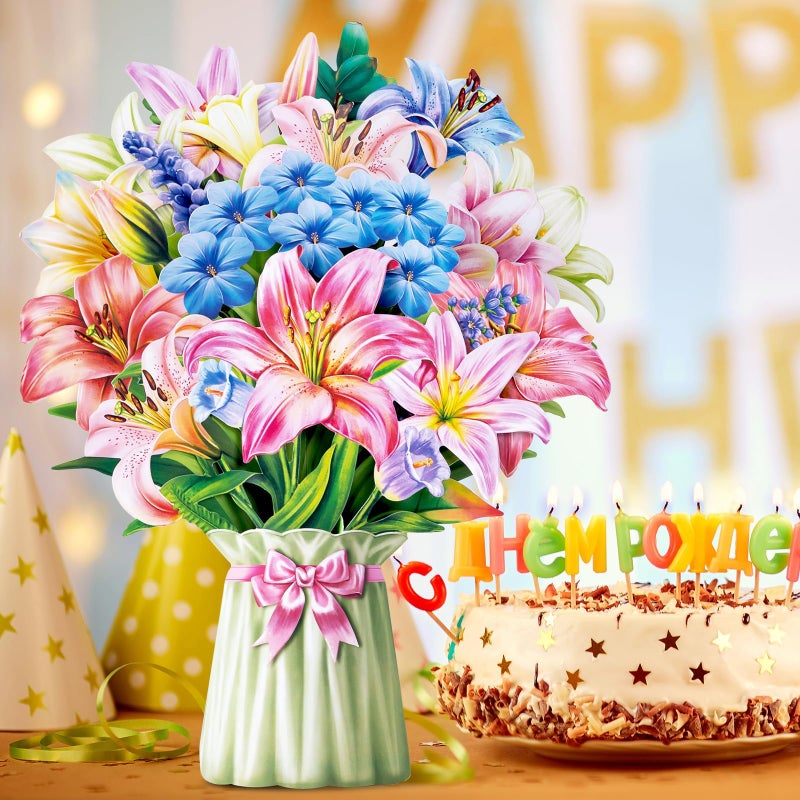 Airpark 3D Pop Up Flower Greeting Cards, Lilies and Lupines Forever Paper Flower Bouquet Pop Up Birthday Card, Mother's Day, Easter, Thank You Cards for Women Mom Friends, Blank Notecard & Envelope - Image 4