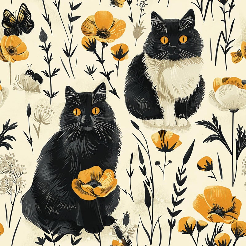 Livelynine 175x276 Cat Flower Wallpaper Peel and Stick Retro Beige Cream Black Gold Yellow Kitty Cats Cute Wallpapers for Bedroom Renter Friendly Whimsical Animal Floral Contact Paper for Drawers - Image 2