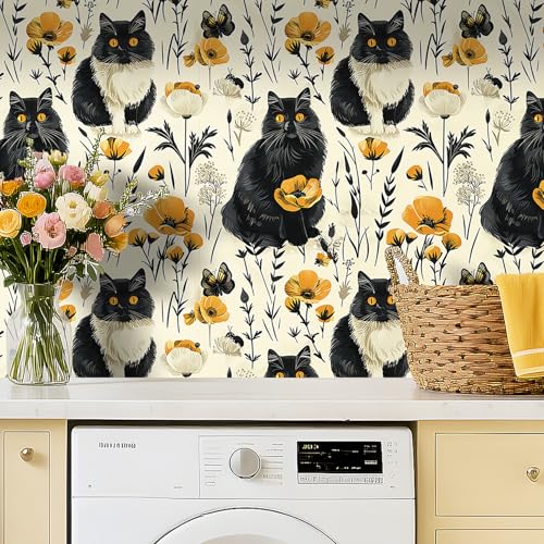Livelynine 175x276 Cat Flower Wallpaper Peel and Stick Retro Beige Cream Black Gold Yellow Kitty Cats Cute Wallpapers for Bedroom Renter Friendly Whimsical Animal Floral Contact Paper for Drawers - Image 3