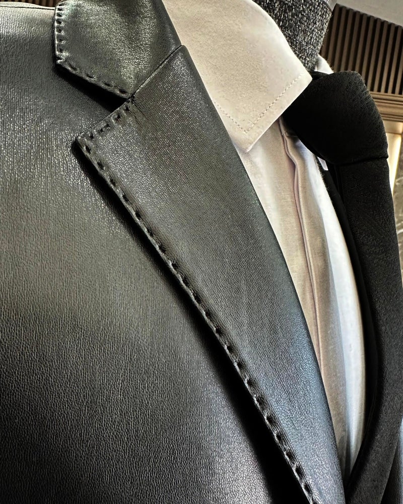 Terzi Adem Altun Terziademaltun Italian Style Slim Fit Men's Mono Collar Faux Leather Jacket T10846 - Image 3