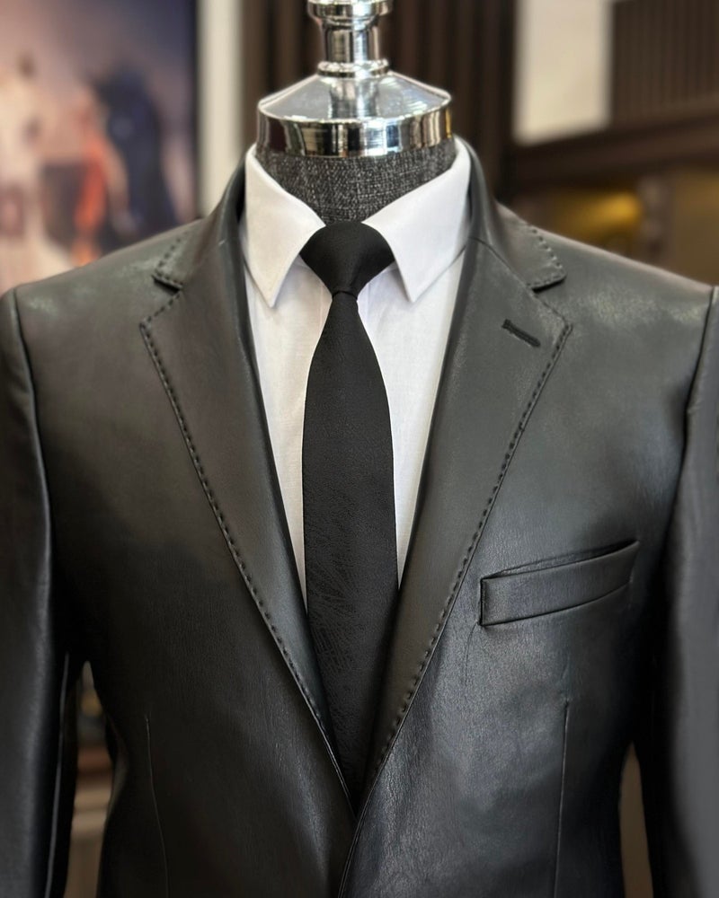 Terzi Adem Altun Terziademaltun Italian Style Slim Fit Men's Mono Collar Faux Leather Jacket T10846 - Image 2