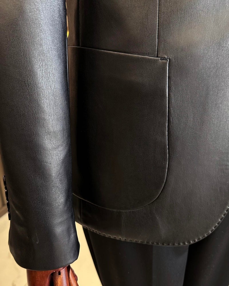 Terzi Adem Altun Terziademaltun Italian Style Slim Fit Men's Mono Collar Faux Leather Jacket T10846 - Image 5