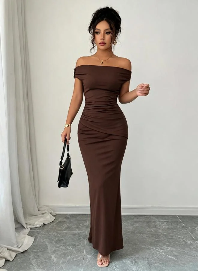 Take Two Brown Off-Shoulder Bodycon Maxi Dress