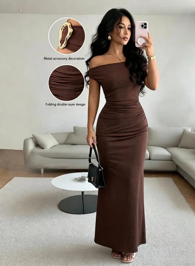 Take Two Brown Off-Shoulder Bodycon Maxi Dress