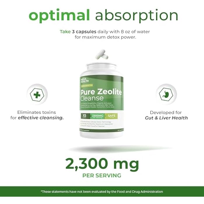 MEGA HEALTH 2300 MG Pure Zeolite Cleanse – Ultra-Fine Clinoptilolite Zeolite Detox, Activated Charcoal & Bentonite Clay – Liver & Gut Detox Cleanse, Toxin Flush, Digestive, Max Absorption, 90 Vegan Capsules - Image 3