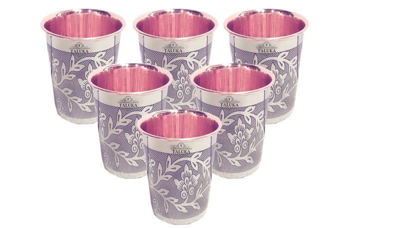 Taluka Set of 6 Etching Embossed Design Steel Copper Glass Tumbler Cup Drinkware Serveware Health Benefits Ayurveda Yoga - Image 1