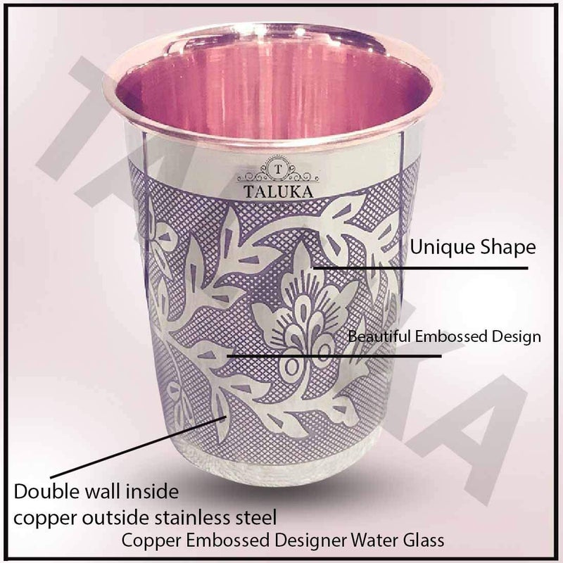 Taluka Set of 6 Etching Embossed Design Steel Copper Glass Tumbler Cup Drinkware Serveware Health Benefits Ayurveda Yoga - Image 3