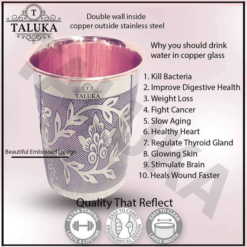 Taluka Set of 6 Etching Embossed Design Steel Copper Glass Tumbler Cup Drinkware Serveware Health Benefits Ayurveda Yoga - Image 5