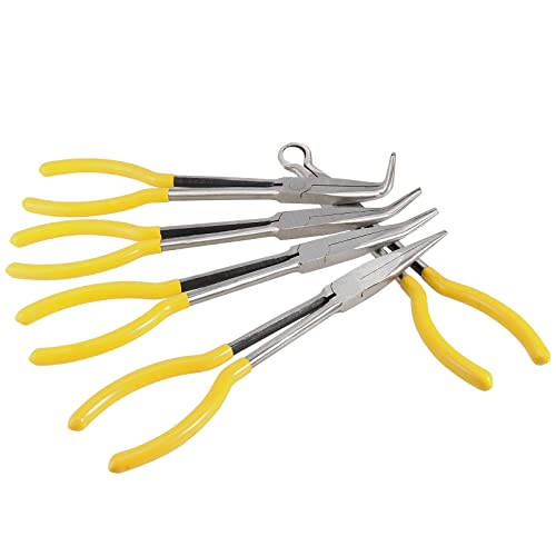 SINJEUN 5-Piece 11 Inch Nose Pliers Set, Long Reach Angle Pliers - Straight, 25, 45, 90 and Round. Yellow Rubber Grip - Image 5