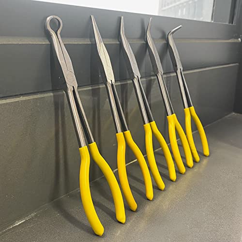 SINJEUN 5-Piece 11 Inch Nose Pliers Set, Long Reach Angle Pliers - Straight, 25, 45, 90 and Round. Yellow Rubber Grip - Image 1