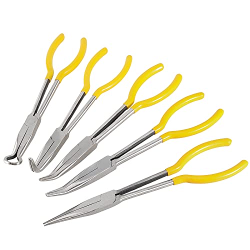 SINJEUN 5-Piece 11 Inch Nose Pliers Set, Long Reach Angle Pliers - Straight, 25, 45, 90 and Round. Yellow Rubber Grip - Image 3