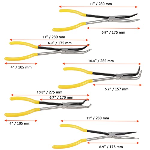 SINJEUN 5-Piece 11 Inch Nose Pliers Set, Long Reach Angle Pliers - Straight, 25, 45, 90 and Round. Yellow Rubber Grip - Image 2