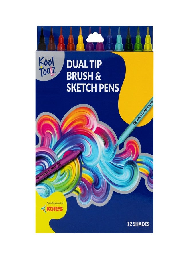 Kores Dual Tip Brush & Sketch Pens – 12 Shades | Brush Tip & Fine Tip Markers | Non Toxic, Odourless Ink | Ideal for Colouring, Blending & Doodling - Image 1