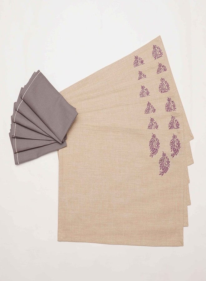 زيبا طقم مفارش طاولة ومناديل طعام مطرزة بنقوش زهرية من زيبا | قطن بوليستر - بيج ورمادي | طقم من 6 مفارش مقاس 13×19 بوصة وطقم من 6 مناديل طعام مقاس 16×16 بوصة | (33×48 سم، 40×40 سم) - Image 3