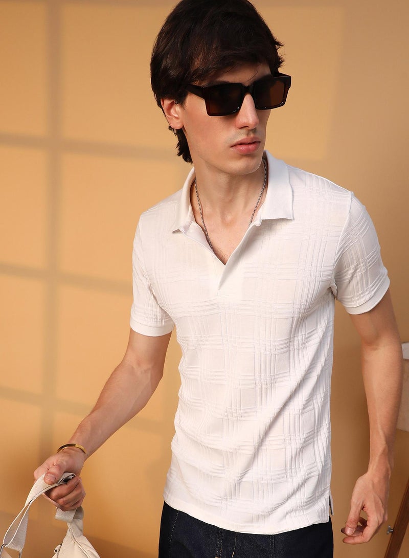 Campus Sutra Men's Chalk White Intertwine-Textured Polo T-Shirt - Image 1