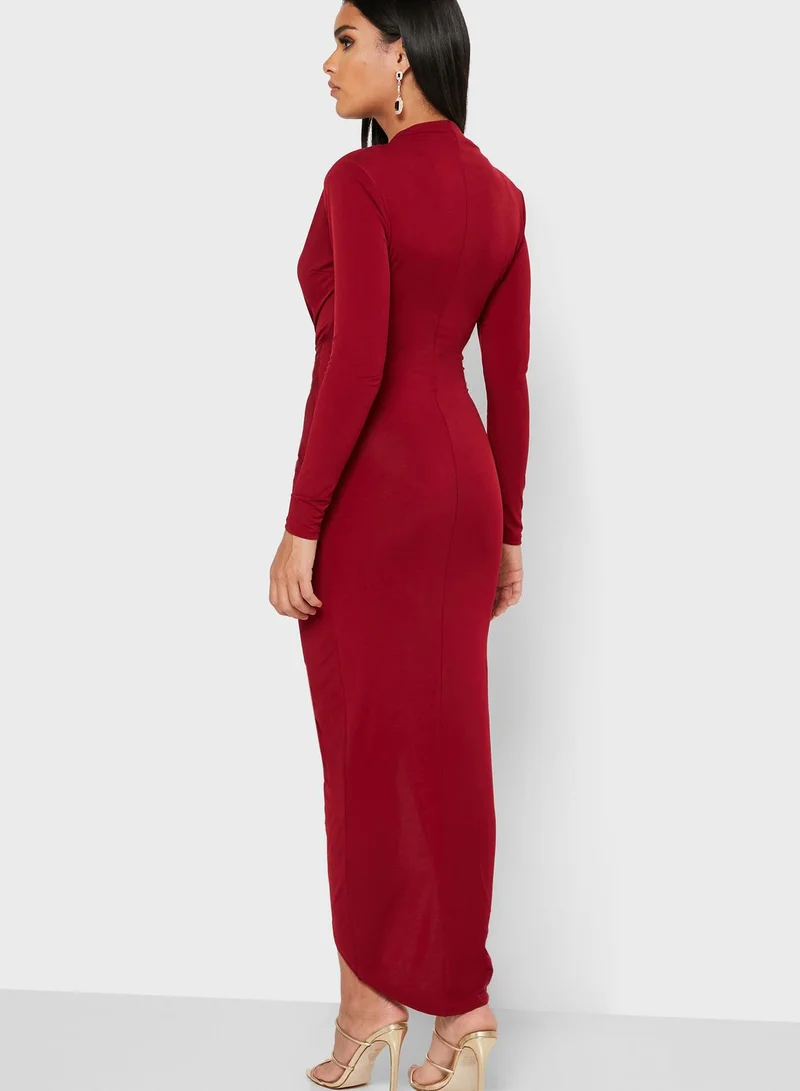 John Zack ROUCHED FRONT SLIT DRESS