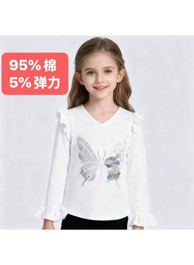 New Style Girls Fashionable Girls Autumn Long-sleeved Shirts Baby Doll Shirts Embroidered Butterfly Bottoming Shirts Pure Cotton