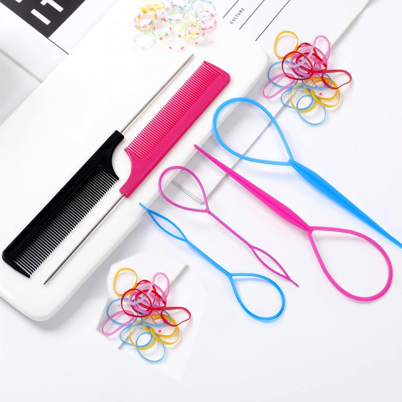Schembo 6Pcs Hair Loop Tool Set with 4 Hair Tail Tools French Braid Tool Loop 2 Metal Pin Rat Tail Comb for Hair Styling, 100 Colored Children Rubber Bands. Schembo, 108 Piece Set - Image 2