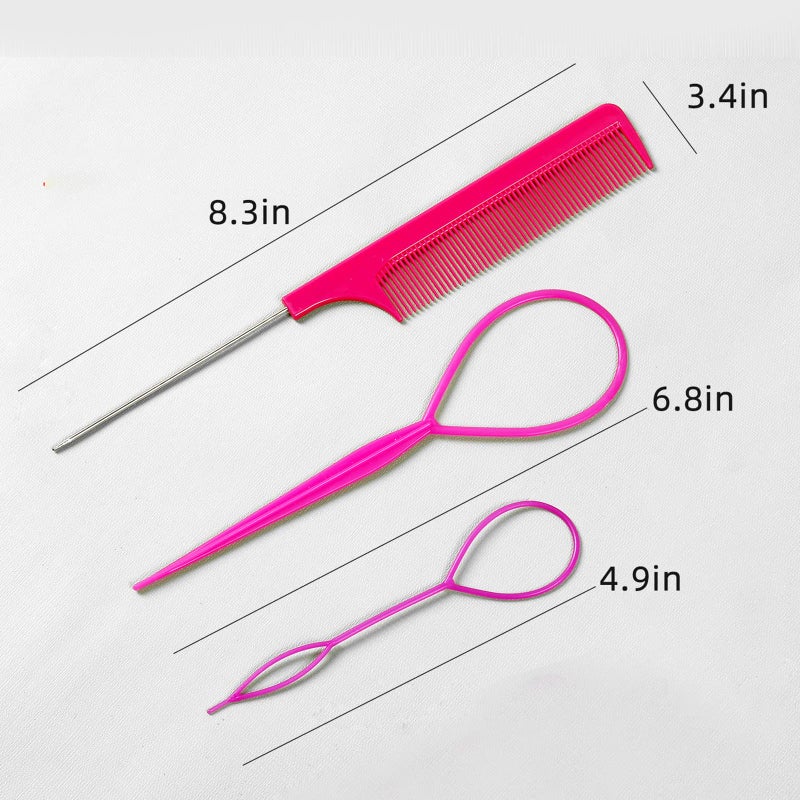Schembo 6Pcs Hair Loop Tool Set with 4 Hair Tail Tools French Braid Tool Loop 2 Metal Pin Rat Tail Comb for Hair Styling, 100 Colored Children Rubber Bands. Schembo, 108 Piece Set - Image 3