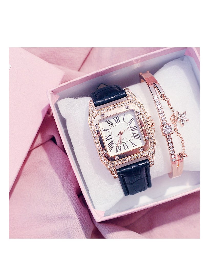 Fashionable bucket shaped square women's quartz watch with exquisite rhinestones on the dial, a two-piece set of watches and bracelets - Image 1