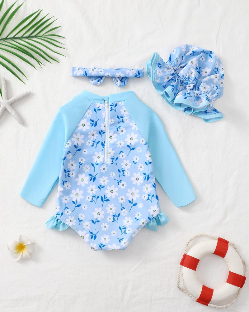 SODLON Baby Girl Swimsuit 6-12 Months Blue Daisy Floral Long Sleeve One-Piece Rash Guard Swimsuit with Matching Hat - Image 4