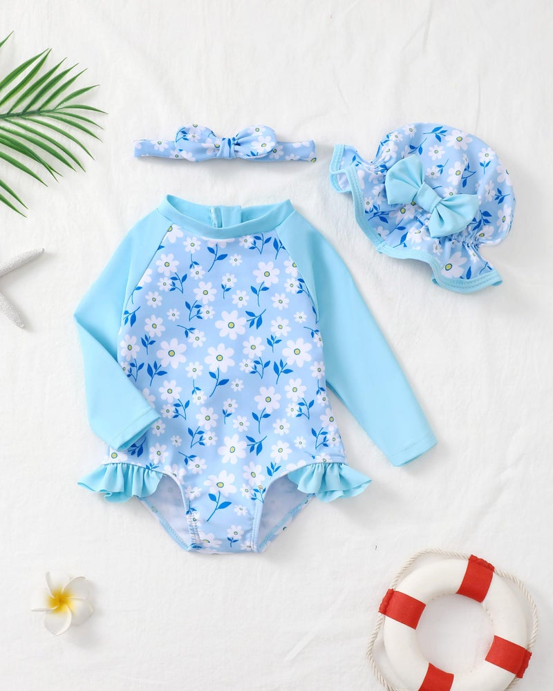 SODLON Baby Girl Swimsuit 6-12 Months Blue Daisy Floral Long Sleeve One-Piece Rash Guard Swimsuit with Matching Hat - Image 3