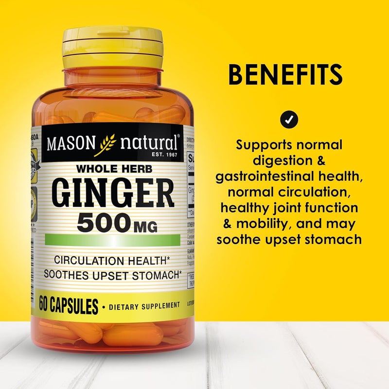 Mason Natural Whole Herb Ginger 500mg Capsules - 60 Count Dietary Supplement for Circulation and Digestive Health - Image 2