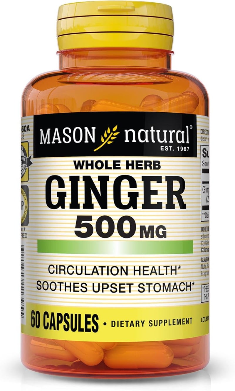 Mason Natural Whole Herb Ginger 500mg Capsules - 60 Count Dietary Supplement for Circulation and Digestive Health - Image 1