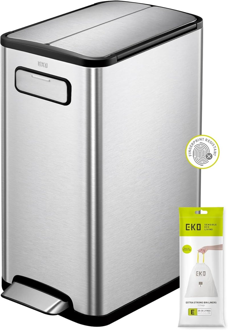 EKO Ecofly Recycling Bin, Pedal Bin 30 Litre, Rubbish Bin with Soft-Close Lid, Kitchen Bin Dual Opening, Perfect for Kitchen & Home, Stainless Steel - Image 1