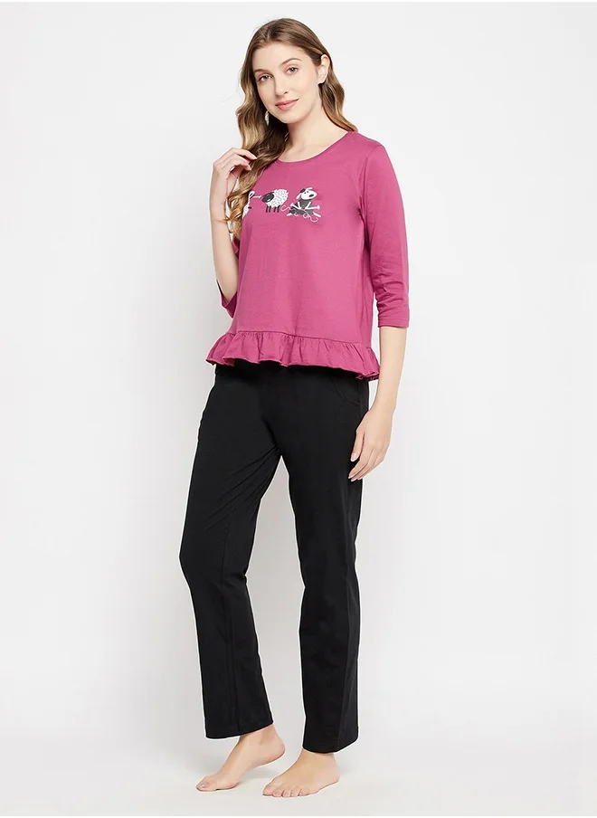 Clovia Clovia Graphic Print Top in Mauve & Chic Basic Pyjama in Black - 100% Cotton
