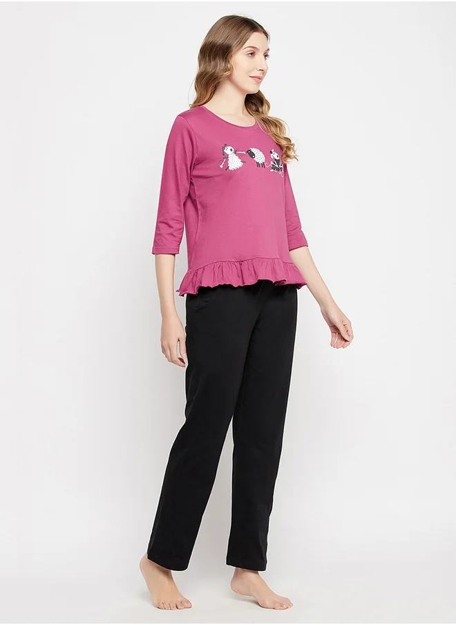 Clovia Clovia Graphic Print Top in Mauve & Chic Basic Pyjama in Black - 100% Cotton