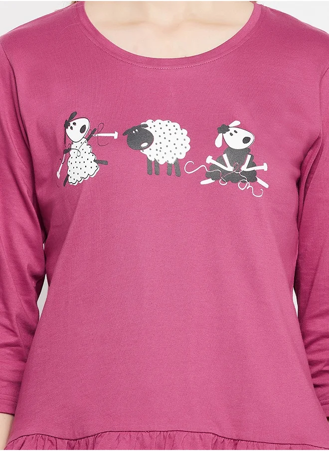 Clovia Clovia Graphic Print Top in Mauve & Chic Basic Pyjama in Black - 100% Cotton