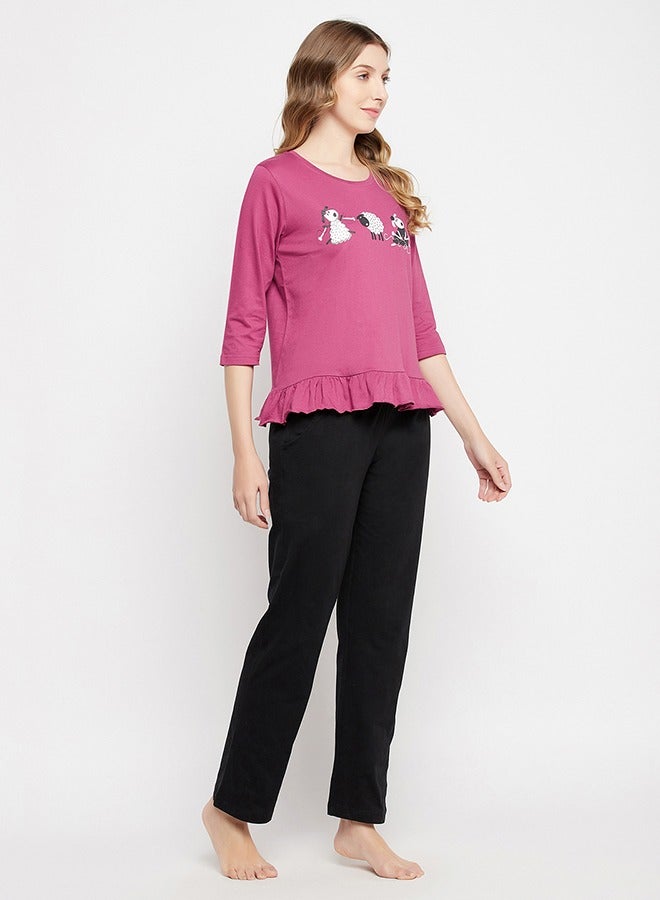 Clovia Graphic Print Top in Mauve & Chic Basic Pyjama in Black - 100% Cotton - Image 5