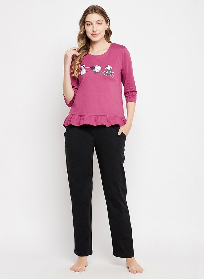 Clovia Graphic Print Top in Mauve & Chic Basic Pyjama in Black - 100% Cotton - Image 2