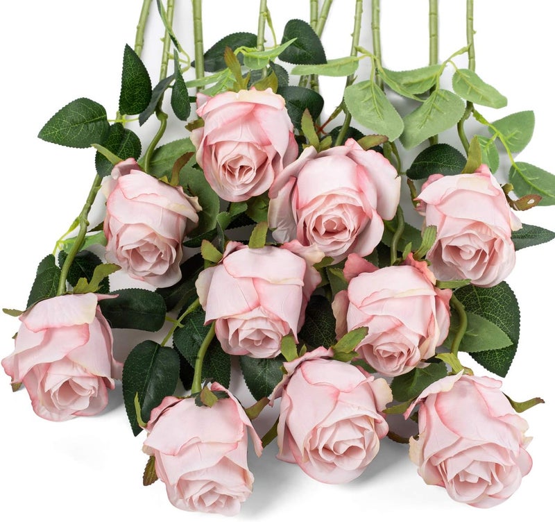 Flojery 10pcs Artificial Rose Flowers Long Stem Fake Silk Roses for DIY Wedding Bouquet Table Centerpiece Home Decor (Light  Pink) - Image 2