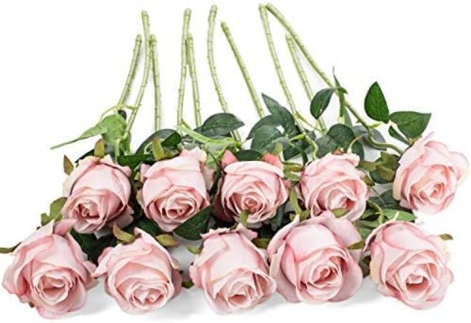 Flojery 10pcs Artificial Rose Flowers Long Stem Fake Silk Roses for DIY Wedding Bouquet Table Centerpiece Home Decor (Light  Pink) - Image 4
