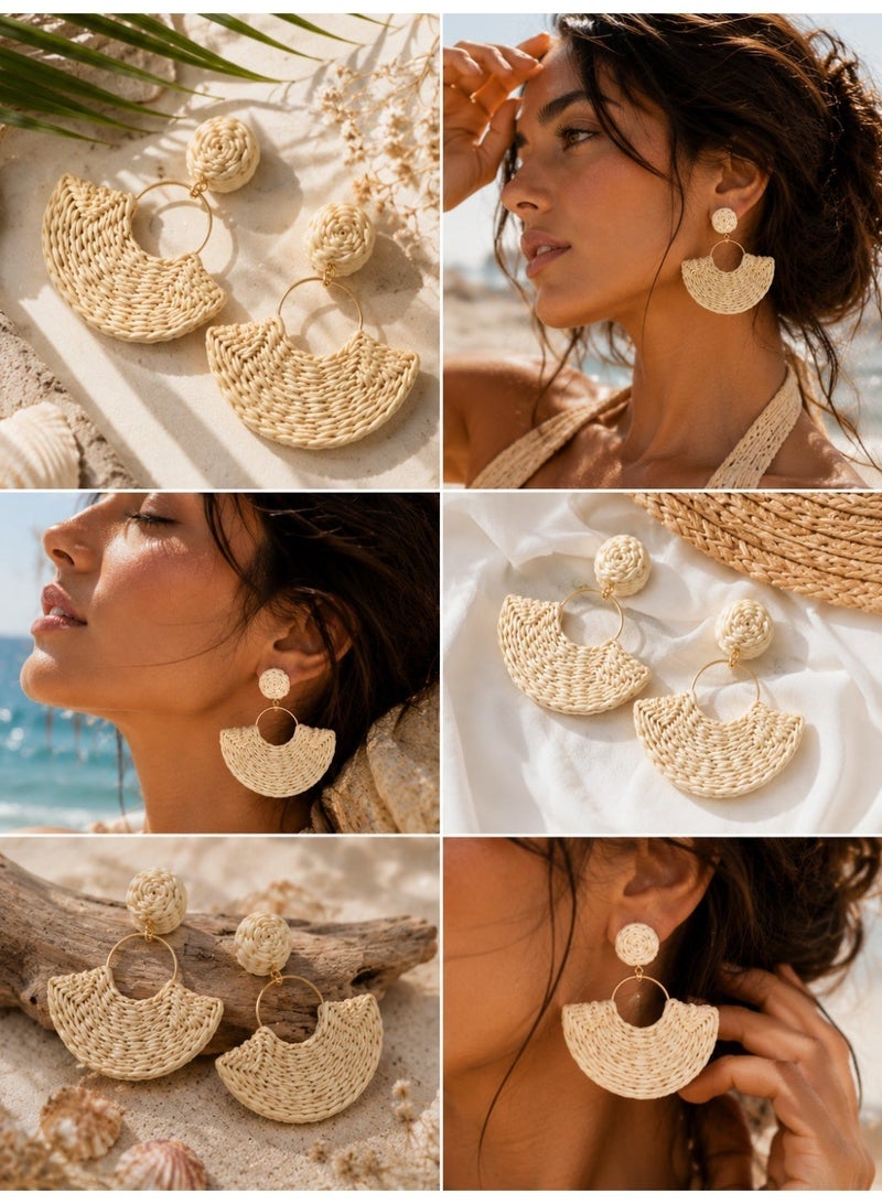 Women's Woven Semi-Circle Drop Earrings Ivory Color – Boho Statement Earrings - Image 4